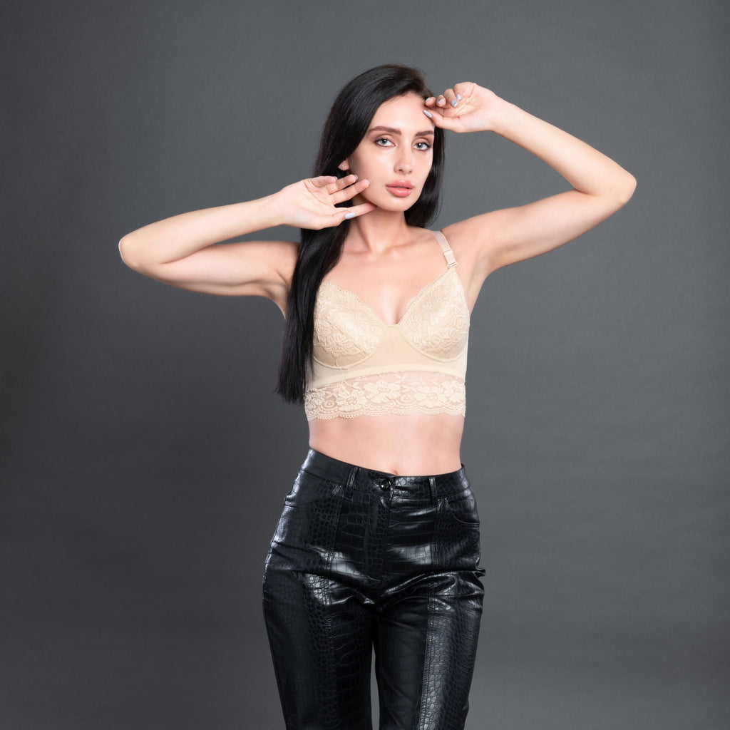 Zivira Women's Pure Comfort Wireless Lace Longline Bralette, Lightly Lined Bra (B, Skin, 32)