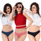 Three women wearing sunglasses and different colored micro modal panties, posing against a white background.