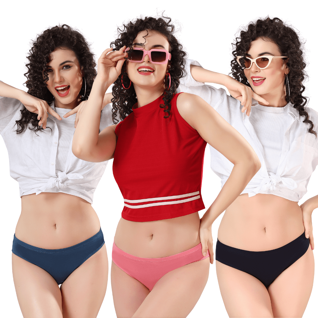 Three women wearing sunglasses and different colored micro modal panties, posing against a white background.