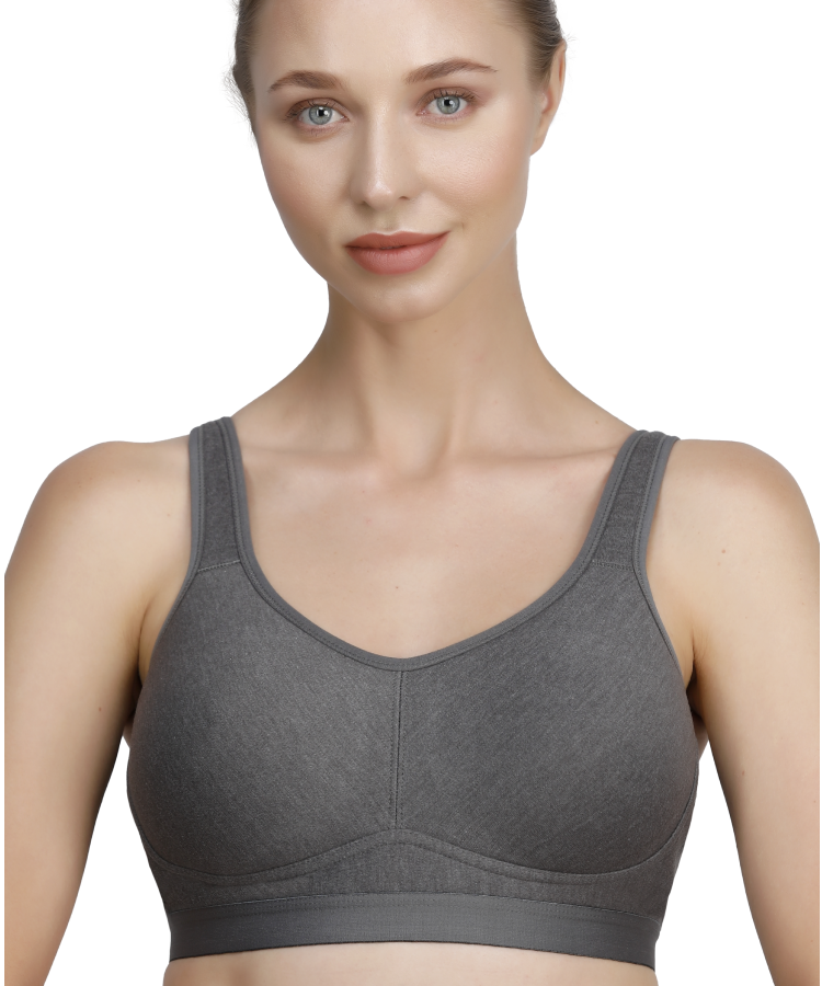 Zivira Seamless Cups - Thin Padding - Broad Strap T-Shirt Bra Cum Sports Bra with Hook Closure | Dark Gray