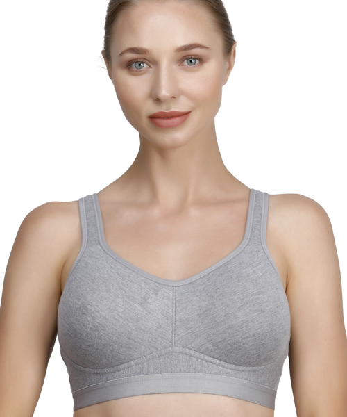 Zivira Seamless Cups - Thin Padding - Broad Strap T-Shirt Bra Cum Sports Bra with Hook Closure | Light Gray