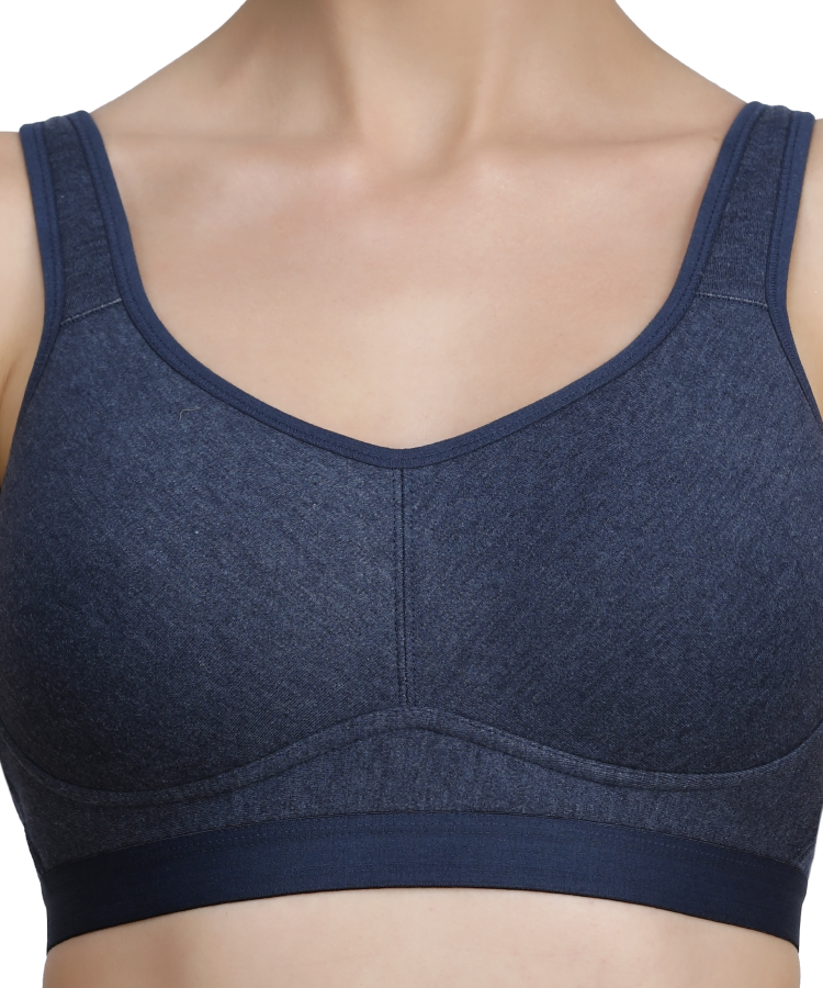 Zivira Seamless Cups - Thin Padding - Broad Strap T-Shirt Bra Cum Sports Bra with Hook Closure | Navy Blue